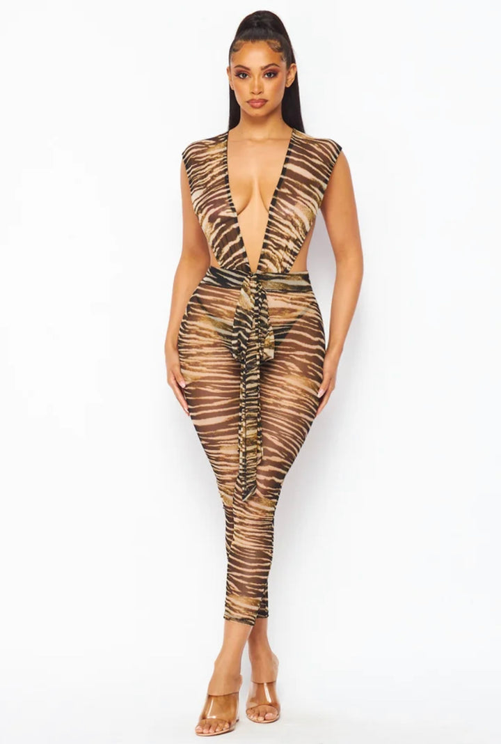 The Zebra Mesh V-Neck Jumpsuit