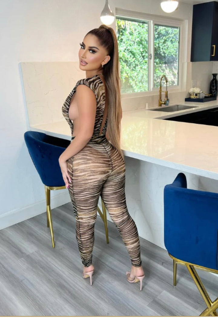 The Zebra Mesh V-Neck Jumpsuit