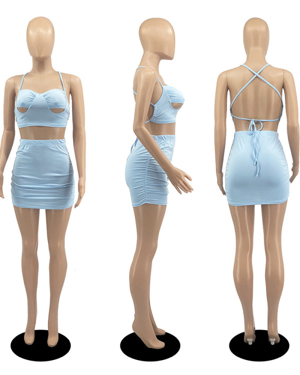 Women Sexy Backless Sling Sexy Mini Skirt Sets Two Pieces Outfit White Blue